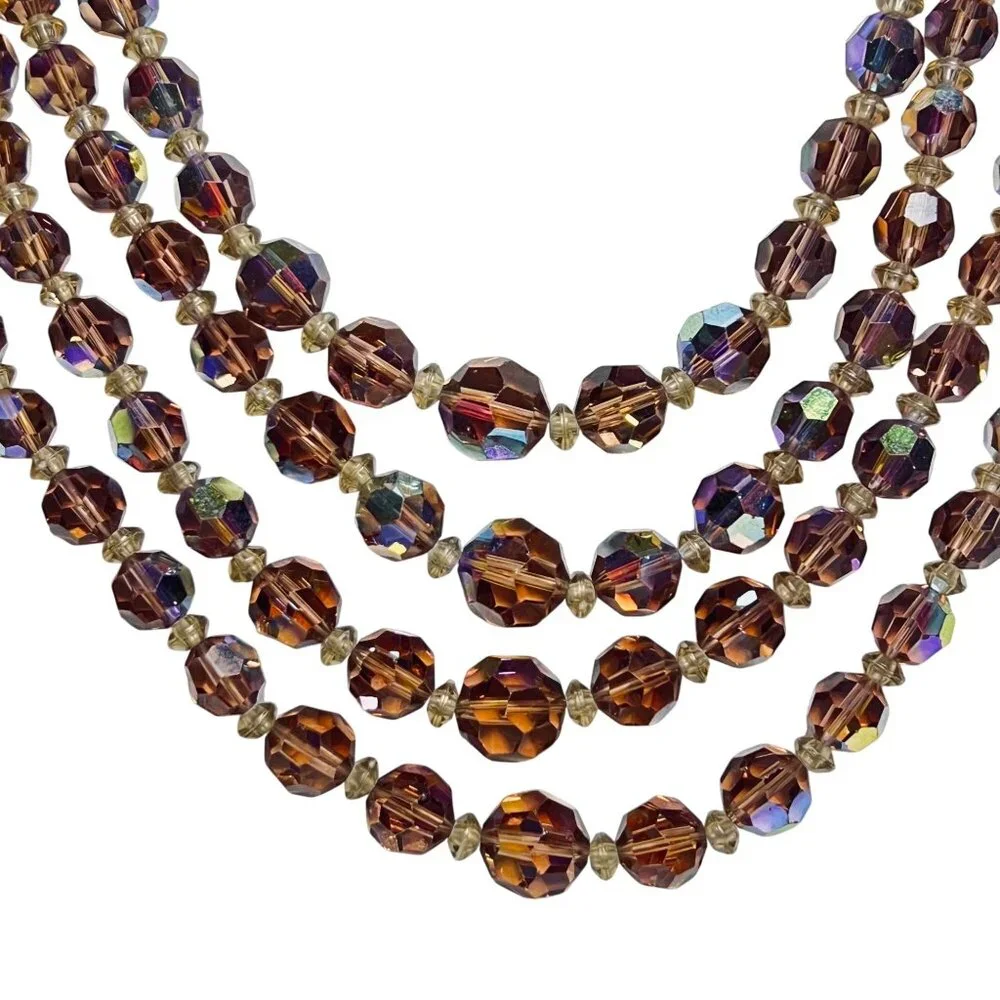 Gold Tone 4-Strand Aurora Borealis Beaded Necklace With Hook Clasp (6122) - Picture 6 of 8
